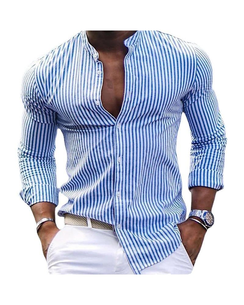 Men's Stripe Print Casual Fashion Stand Collar Shirt