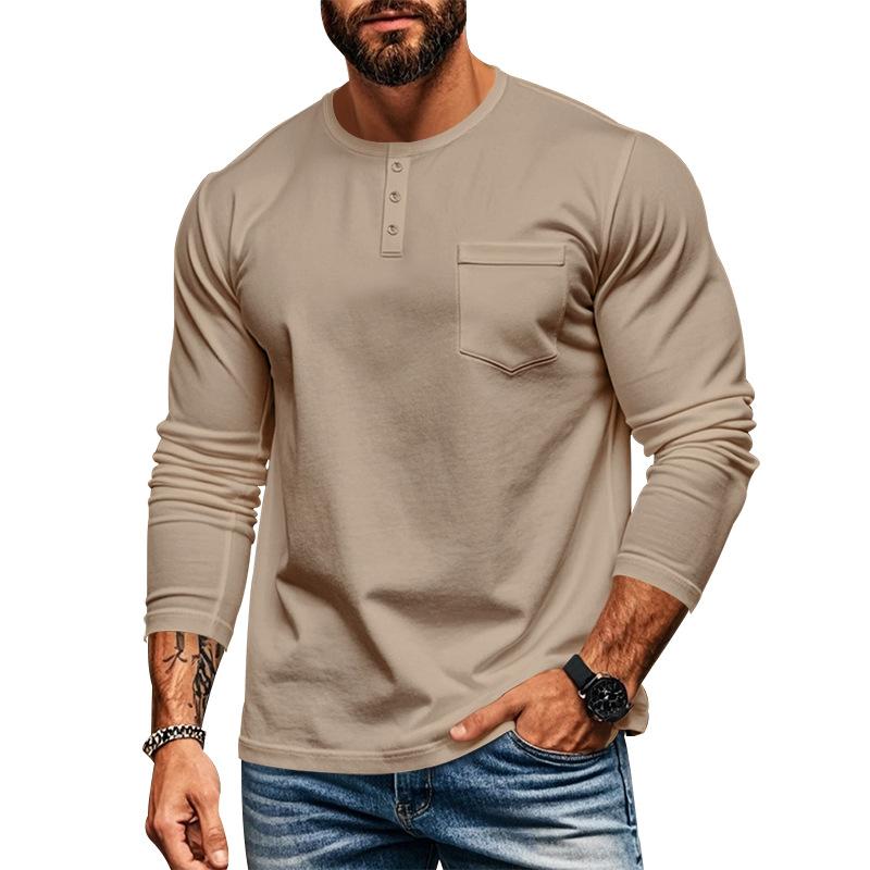 Men's Casual Crew Neck Cotton Blend Patch Pocket Long Sleeve T-Shirt