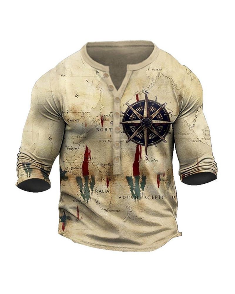 Men's Vintage Print Casual Long Sleeve Henley T-shirt