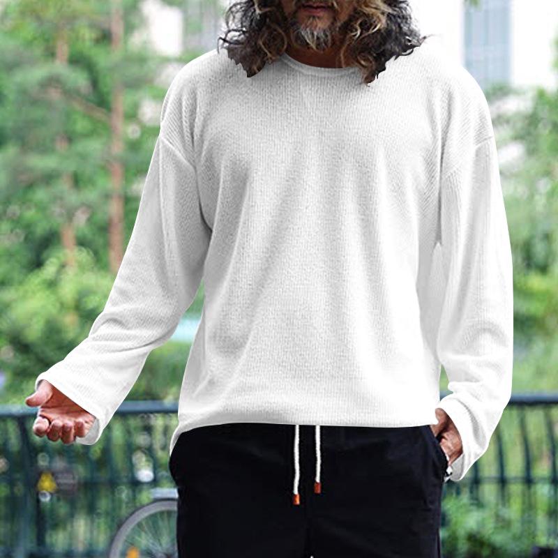 Men's Solid Color Knitted Waffle Loose Round Neck Long Sleeve T-Shirt