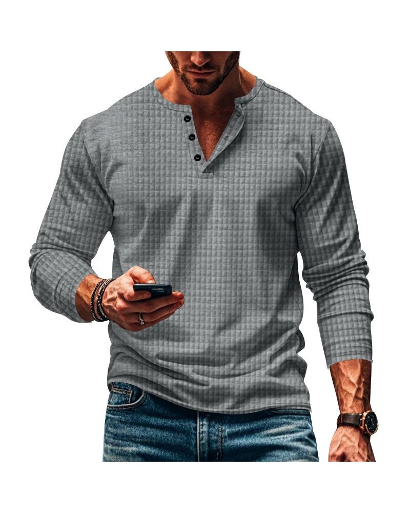 Men's Solid Plaid Button-Down Long Sleeve T-Shirt