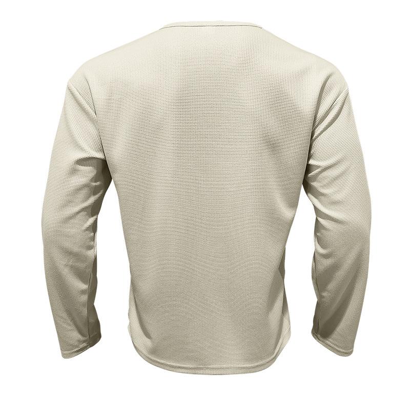 Men's Solid Color Knitted Waffle Loose Round Neck Long Sleeve T-Shirt