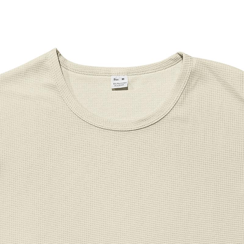 Men's Solid Color Knitted Waffle Loose Round Neck Long Sleeve T-Shirt