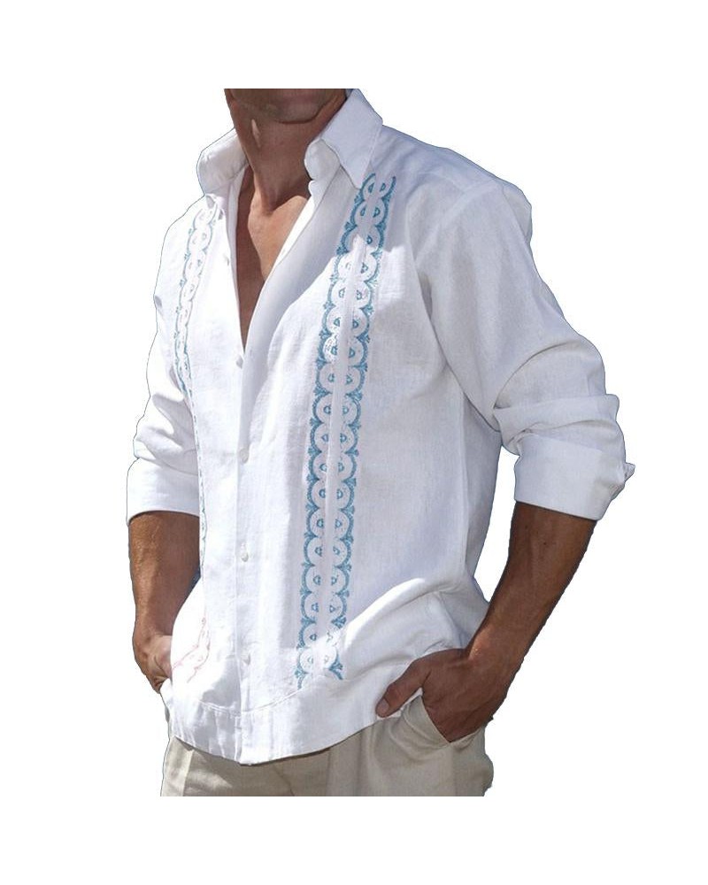 Men's Lapel Button Cotton Linen Printed Long Sleeve Shirt