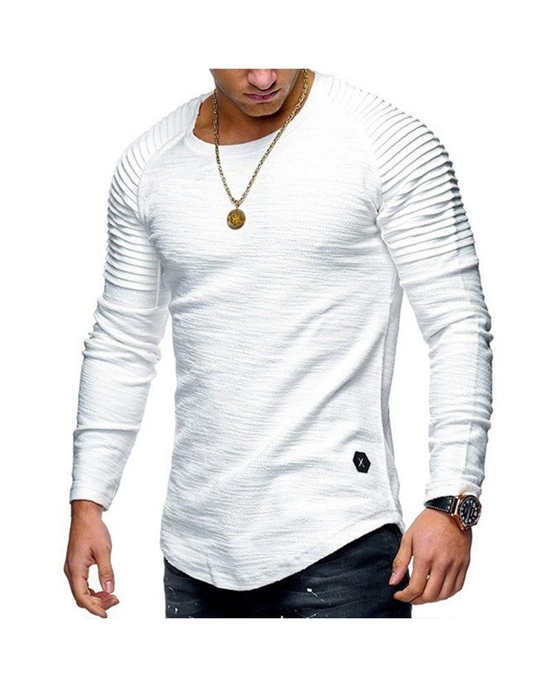 Men's Casual Solid Color Pleated Stitching Round Neck Long Sleeve T-Shirt