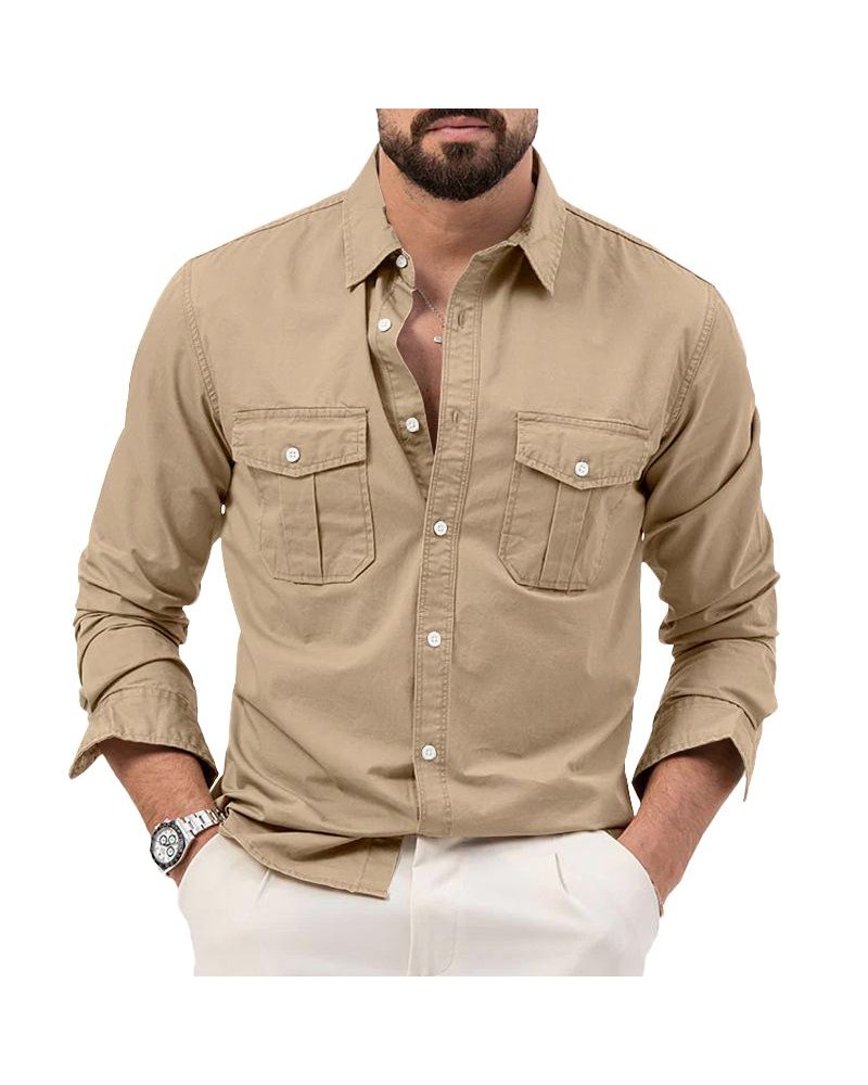 Men's Solid Lapel Breast Pocket Long Sleeve Cargo Shirt