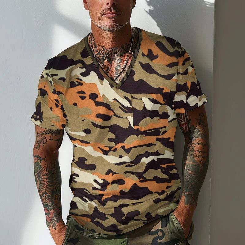 Men's Camouflage V Neck Breast Pocket Short Sleeve T-shirt