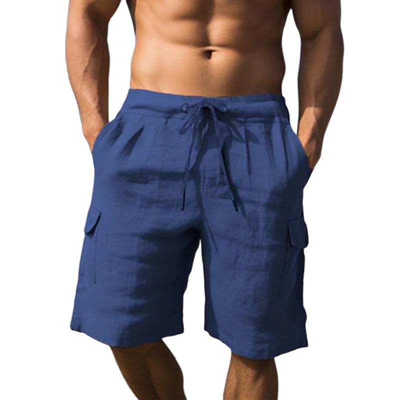 Men's Solid Cotton And Linen Elastic Waist Multi-pocket Straight Casual Shorts