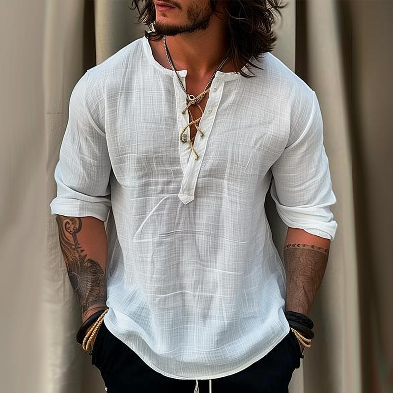 Men's Solid Linen Lace-up Round Neck Long Sleeve Casual Shirt
