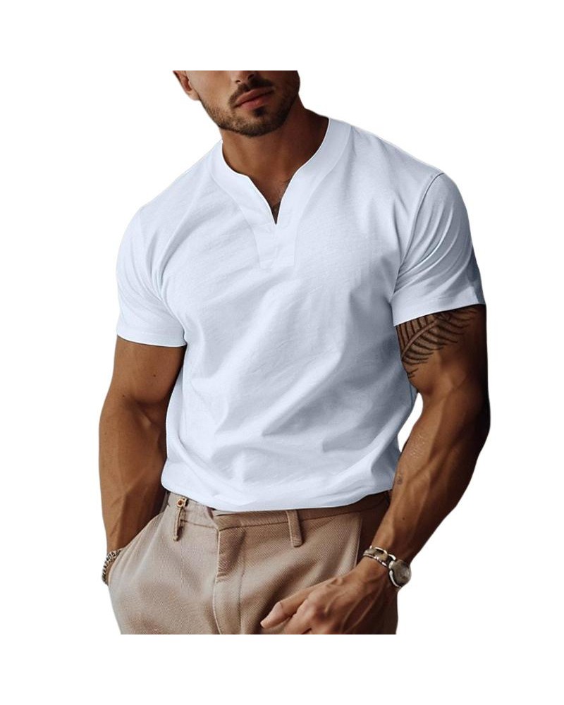 Men's Solid Color Elastic V-Neck Slim Fit Short-Sleeved T-Shirt