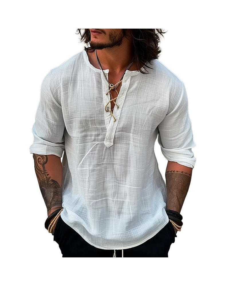 Men's Solid Linen Lace-up Round Neck Long Sleeve Casual Shirt
