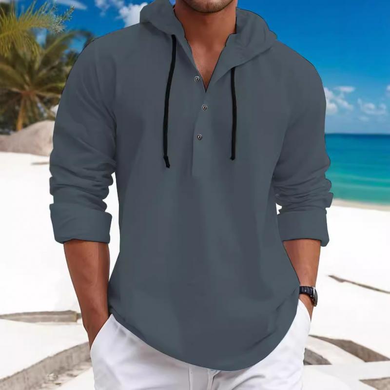 Men's Solid Loose Hooded Long Sleeve Casual Shirt
