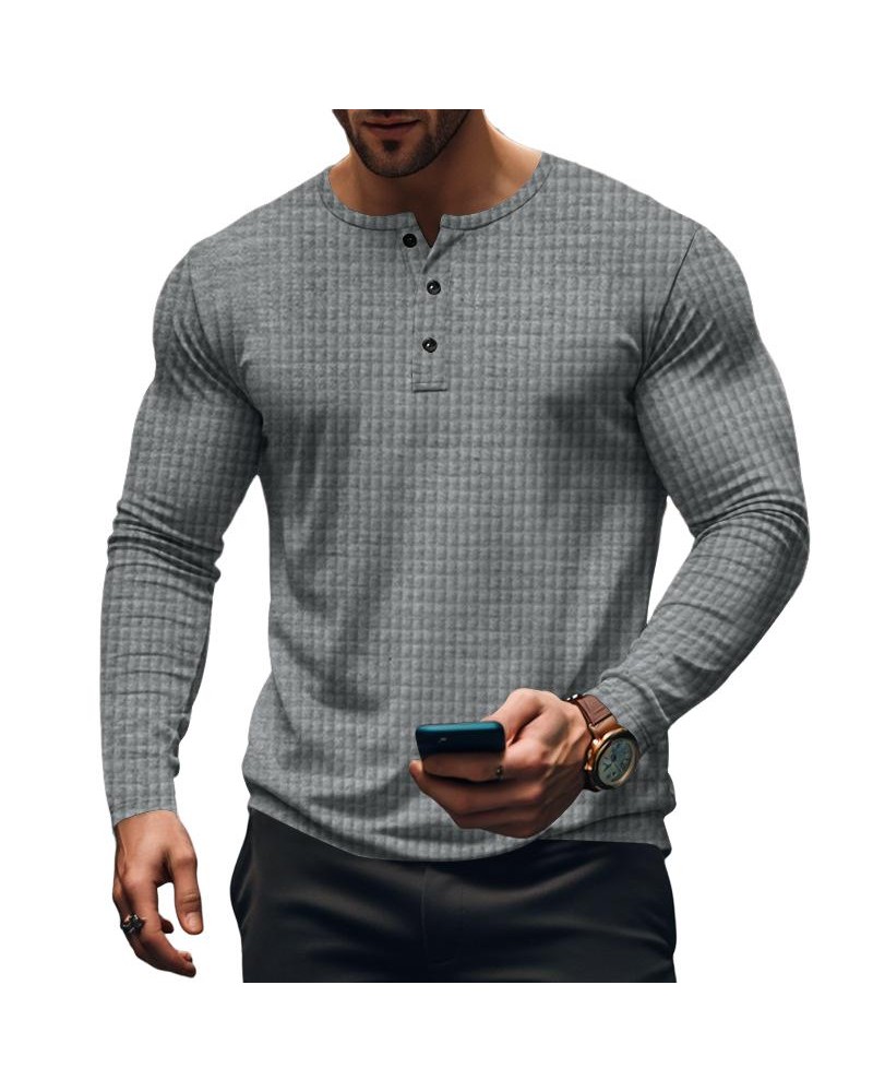 Men’s Casual Vintage Long Sleeve Henley T-Shirt with a Unique Solid and Checkered Design Ideal for Relaxed, Stylish Days